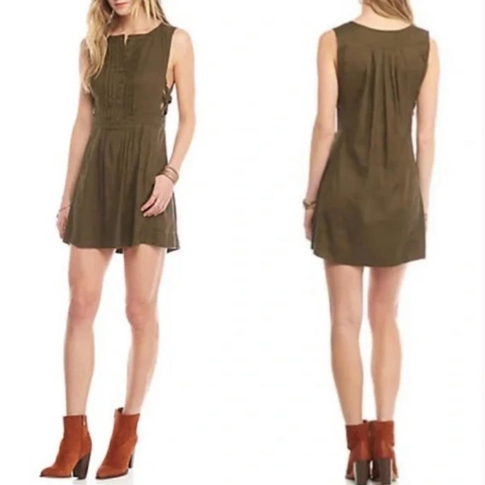 Free People Olive Army Green Linen Blend Moonshine Mini Dress